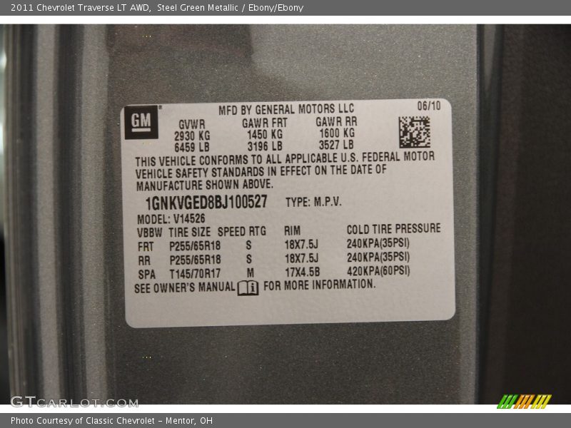 Steel Green Metallic / Ebony/Ebony 2011 Chevrolet Traverse LT AWD