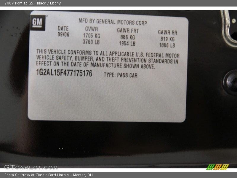 Black / Ebony 2007 Pontiac G5