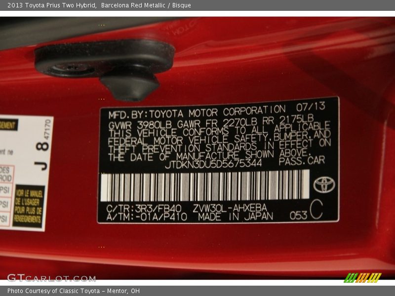 2013 Prius Two Hybrid Barcelona Red Metallic Color Code 3R3