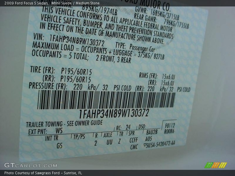 2009 Focus S Sedan White Suede Color Code WS