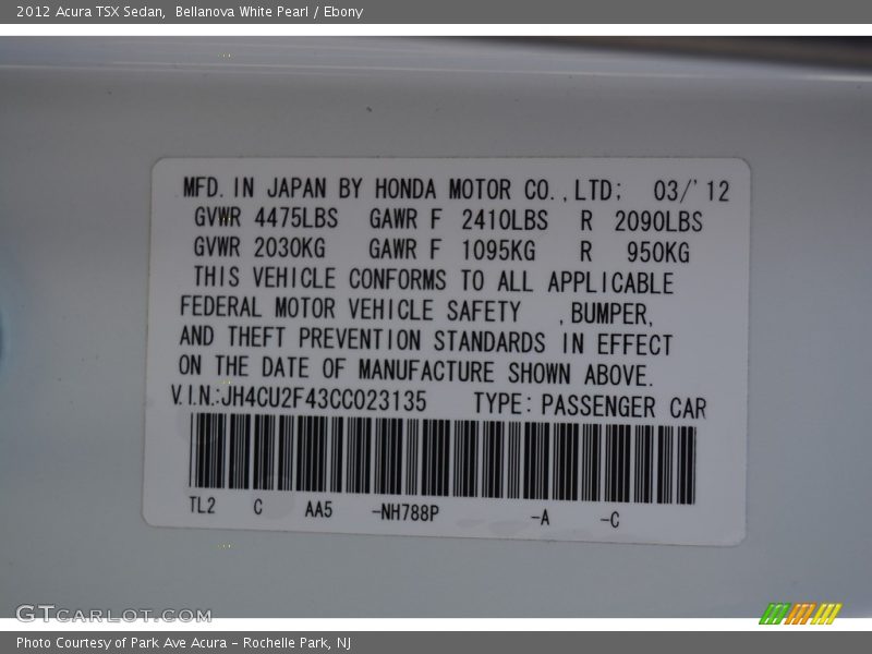 Bellanova White Pearl / Ebony 2012 Acura TSX Sedan