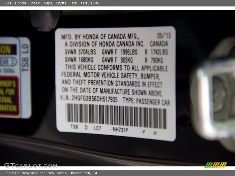 Crystal Black Pearl / Gray 2013 Honda Civic LX Coupe