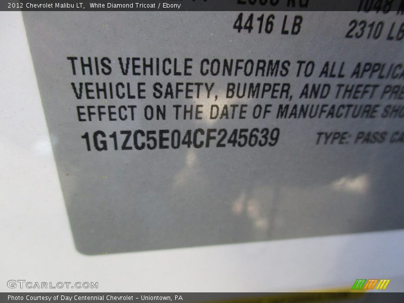 White Diamond Tricoat / Ebony 2012 Chevrolet Malibu LT