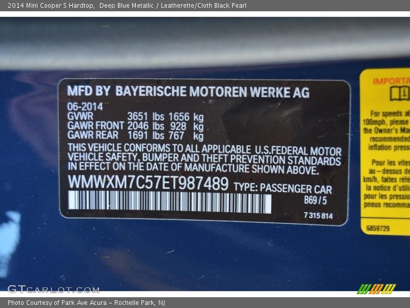 2014 Cooper S Hardtop Deep Blue Metallic Color Code B69