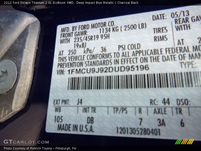 Deep Impact Blue Metallic / Charcoal Black 2013 Ford Escape Titanium 2.0L EcoBoost 4WD