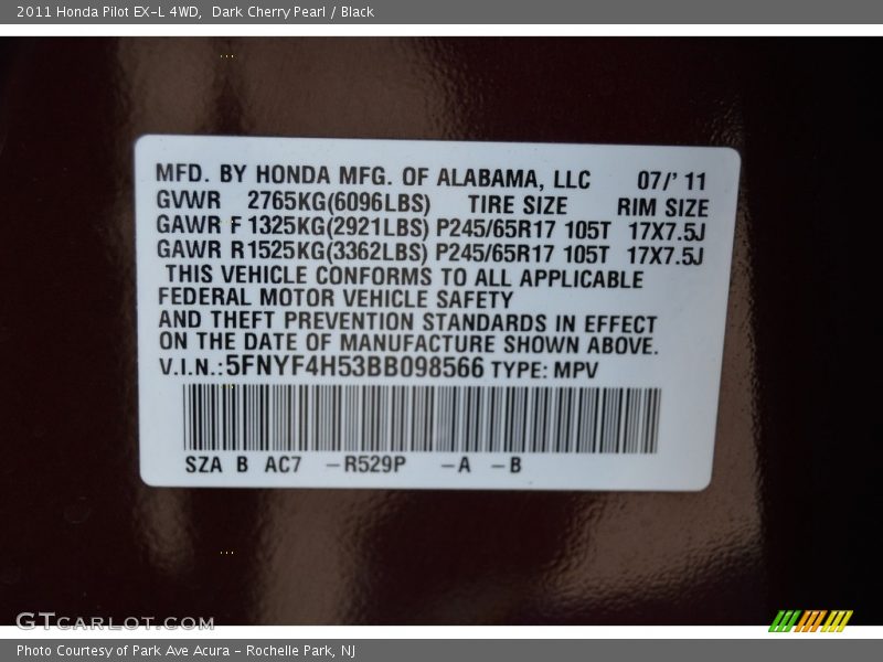 Dark Cherry Pearl / Black 2011 Honda Pilot EX-L 4WD