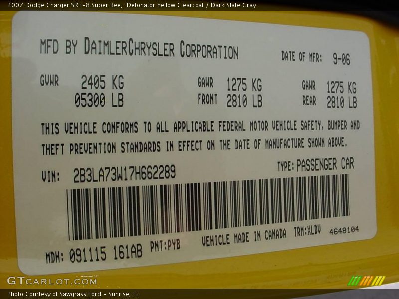 2007 Charger SRT-8 Super Bee Detonator Yellow Clearcoat Color Code PYB