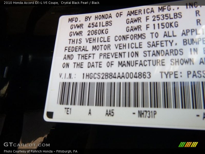 Crystal Black Pearl / Black 2010 Honda Accord EX-L V6 Coupe