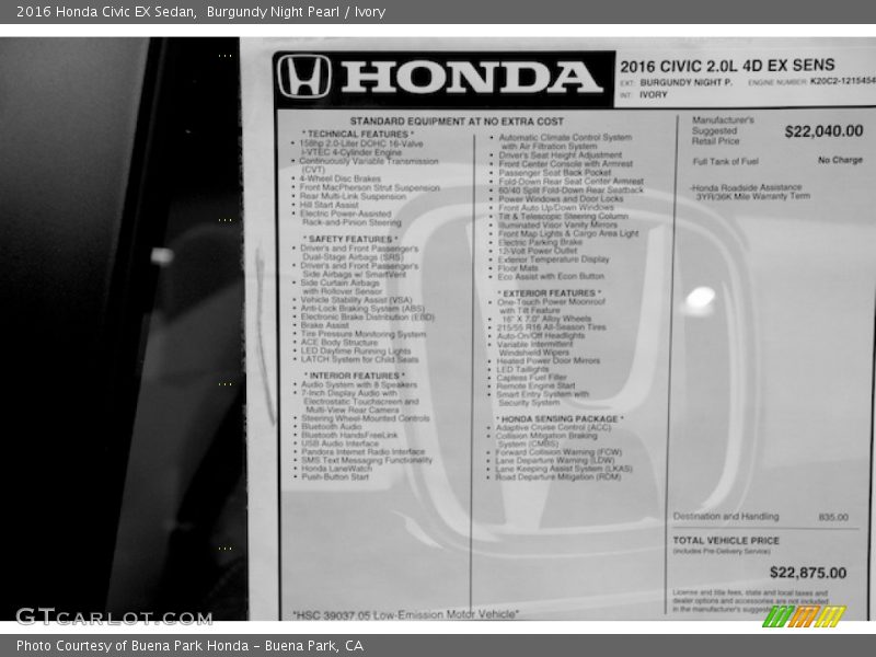 Burgundy Night Pearl / Ivory 2016 Honda Civic EX Sedan