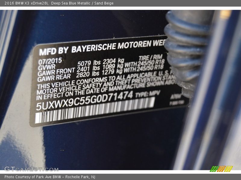 Deep Sea Blue Metallic / Sand Beige 2016 BMW X3 xDrive28i