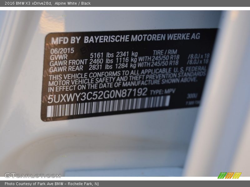 Alpine White / Black 2016 BMW X3 xDrive28d
