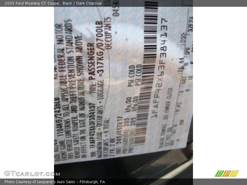 Black / Dark Charcoal 2003 Ford Mustang GT Coupe