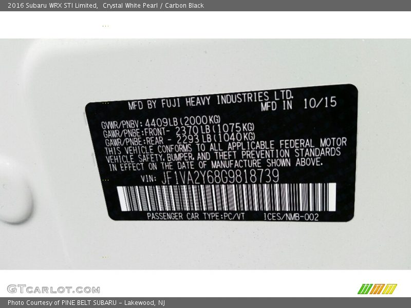 Crystal White Pearl / Carbon Black 2016 Subaru WRX STI Limited