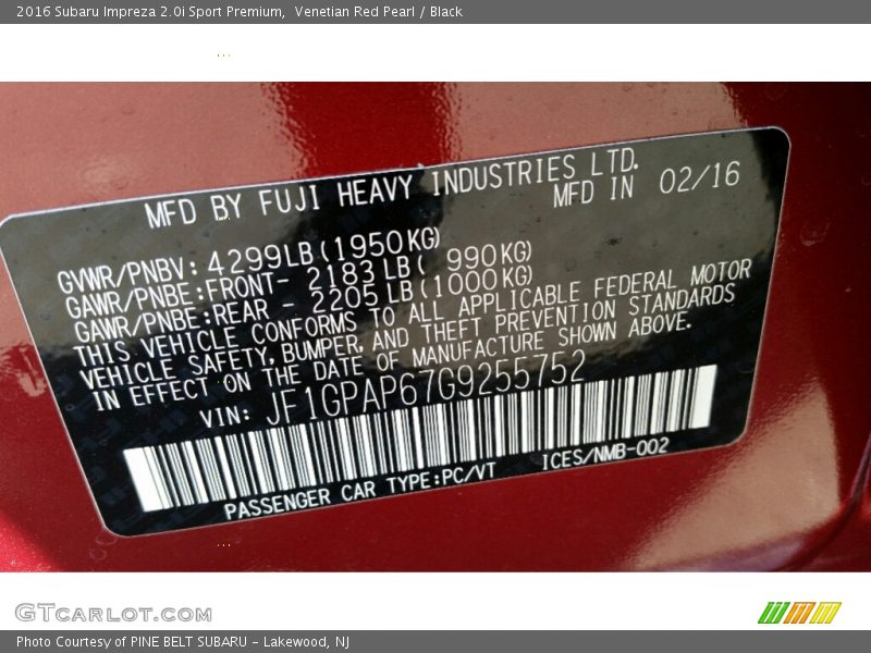 Venetian Red Pearl / Black 2016 Subaru Impreza 2.0i Sport Premium