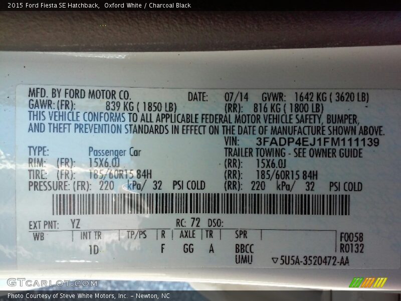 Oxford White / Charcoal Black 2015 Ford Fiesta SE Hatchback