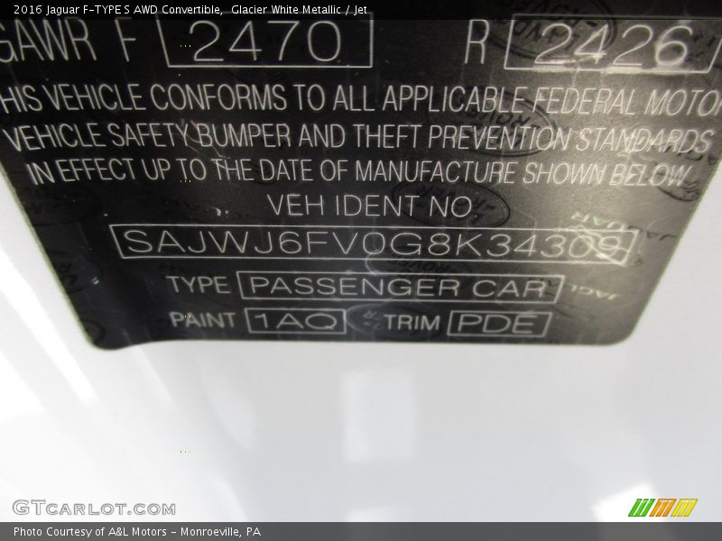 2016 F-TYPE S AWD Convertible Glacier White Metallic Color Code 1AQ