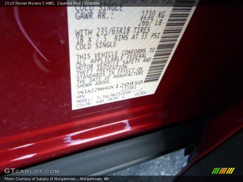2016 Murano S AWD Cayenne Red Color Code NAH