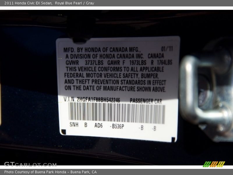 Royal Blue Pearl / Gray 2011 Honda Civic EX Sedan