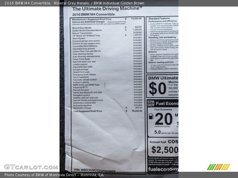  2016 M4 Convertible Window Sticker