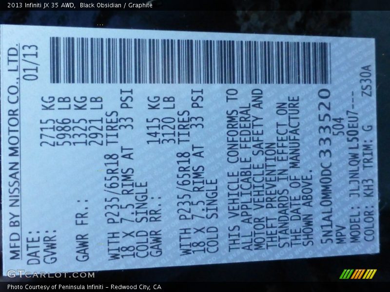Black Obsidian / Graphite 2013 Infiniti JX 35 AWD