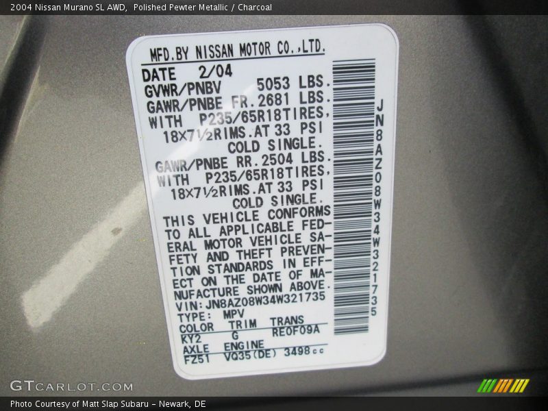 Polished Pewter Metallic / Charcoal 2004 Nissan Murano SL AWD
