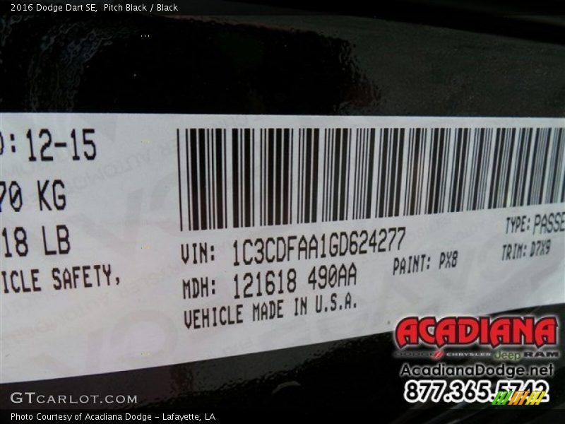 Pitch Black / Black 2016 Dodge Dart SE