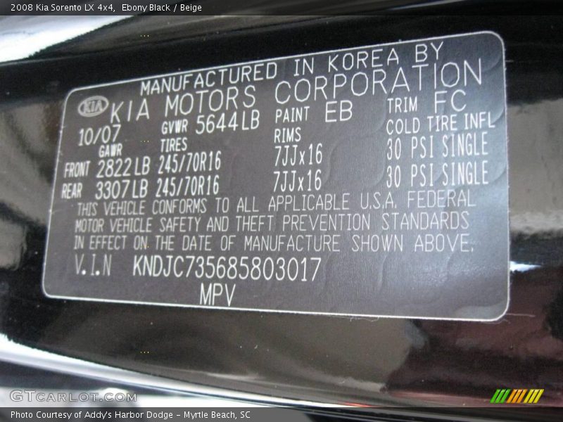 Ebony Black / Beige 2008 Kia Sorento LX 4x4