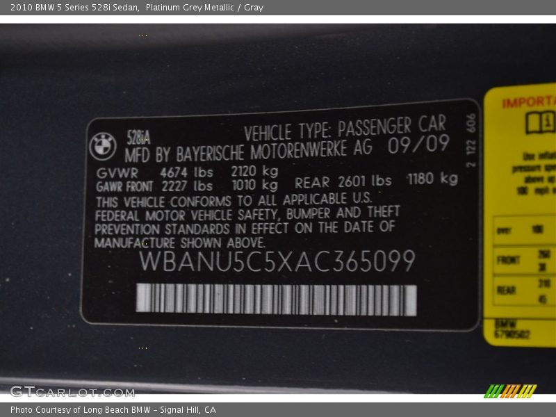 Platinum Grey Metallic / Gray 2010 BMW 5 Series 528i Sedan
