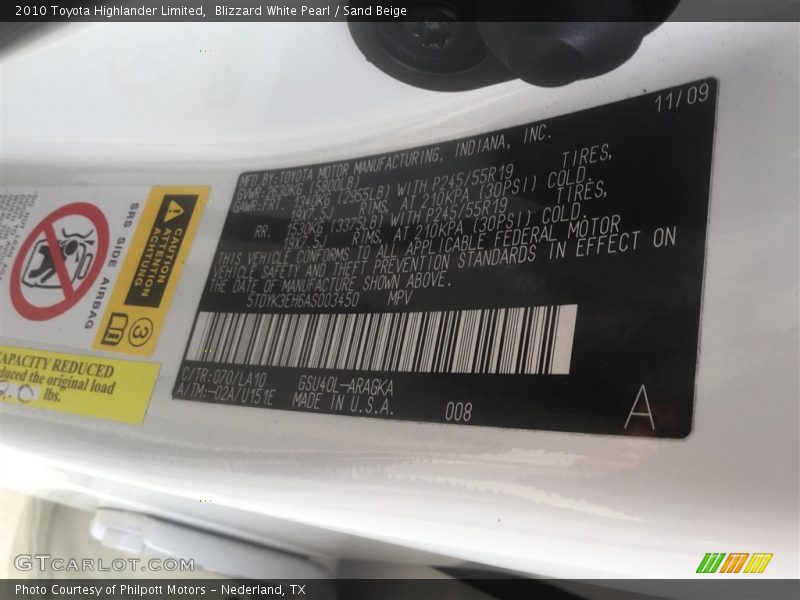 Blizzard White Pearl / Sand Beige 2010 Toyota Highlander Limited