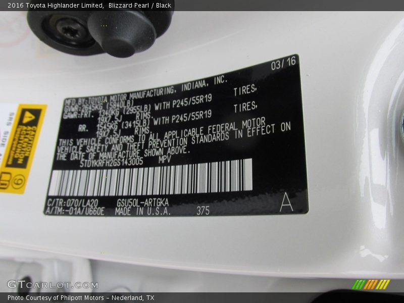 Blizzard Pearl / Black 2016 Toyota Highlander Limited