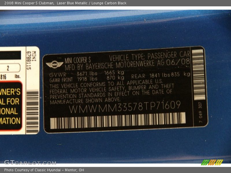 Laser Blue Metallic / Lounge Carbon Black 2008 Mini Cooper S Clubman