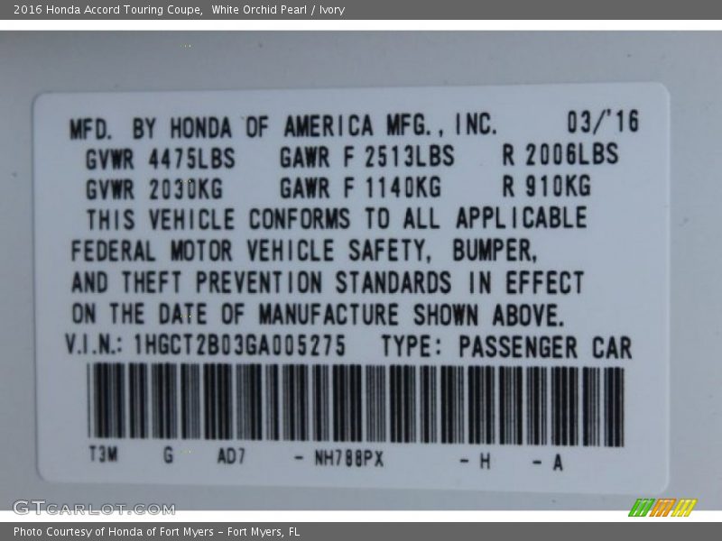 White Orchid Pearl / Ivory 2016 Honda Accord Touring Coupe