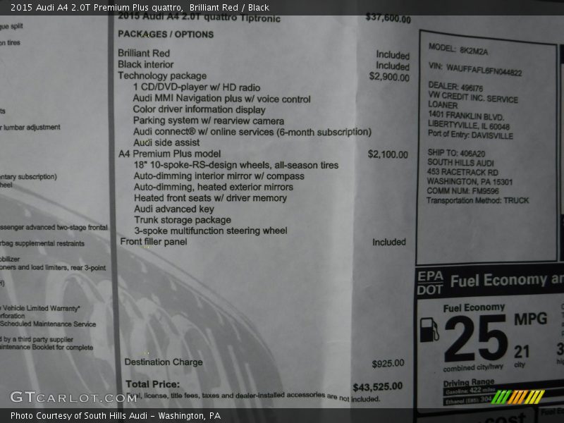 Brilliant Red / Black 2015 Audi A4 2.0T Premium Plus quattro