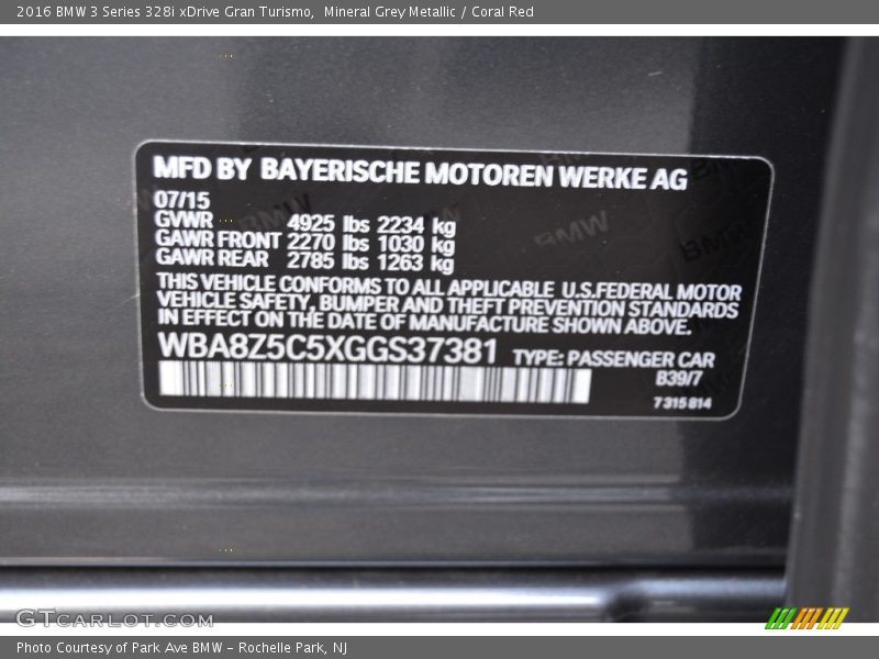 2016 3 Series 328i xDrive Gran Turismo Mineral Grey Metallic Color Code B39