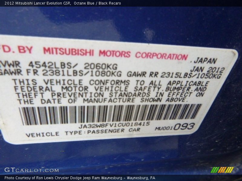 Octane Blue / Black Recaro 2012 Mitsubishi Lancer Evolution GSR