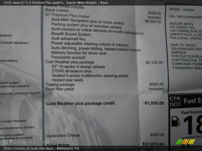 Glacier White Metallic / Black 2015 Audi Q7 3.0 Premium Plus quattro