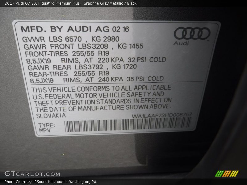 Graphite Gray Metallic / Black 2017 Audi Q7 3.0T quattro Premium Plus