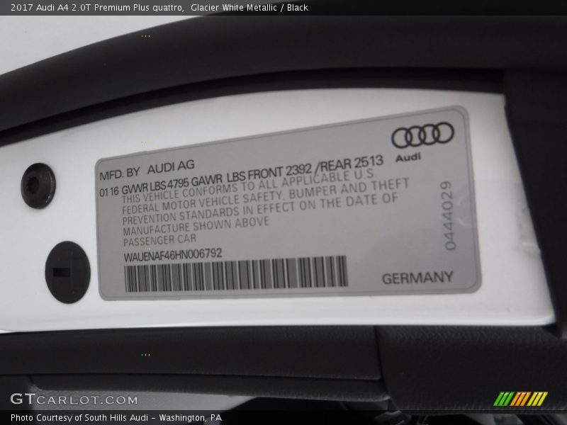 Glacier White Metallic / Black 2017 Audi A4 2.0T Premium Plus quattro