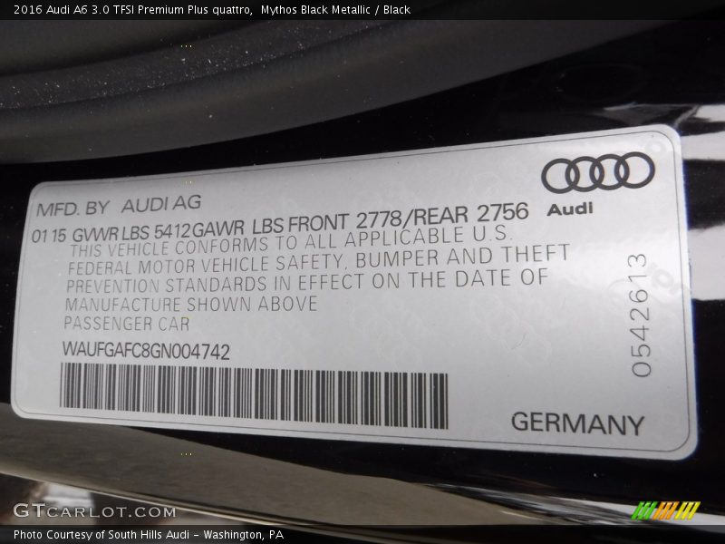 Mythos Black Metallic / Black 2016 Audi A6 3.0 TFSI Premium Plus quattro