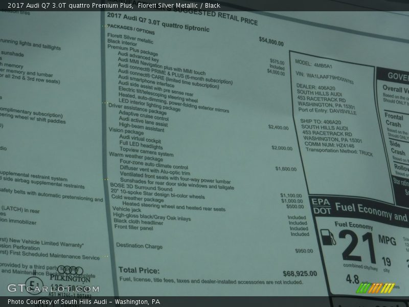  2017 Q7 3.0T quattro Premium Plus Window Sticker