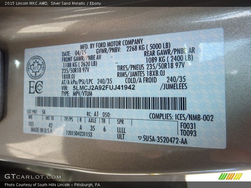 Silver Sand Metallic / Ebony 2015 Lincoln MKC AWD