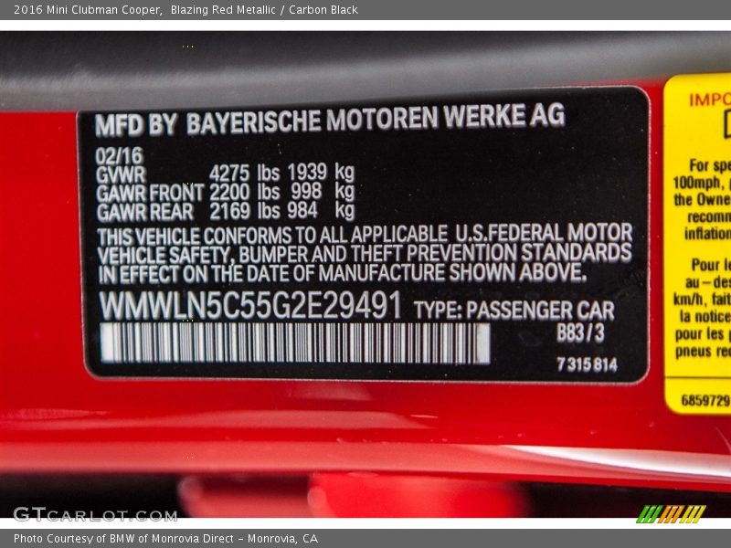2016 Clubman Cooper Blazing Red Metallic Color Code B83
