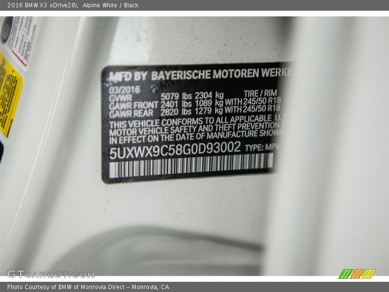 Alpine White / Black 2016 BMW X3 xDrive28i
