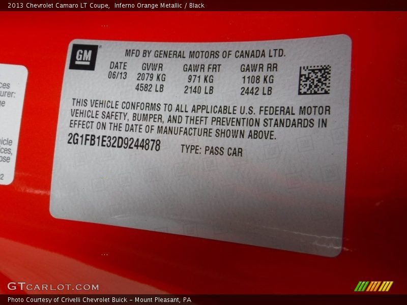 Inferno Orange Metallic / Black 2013 Chevrolet Camaro LT Coupe