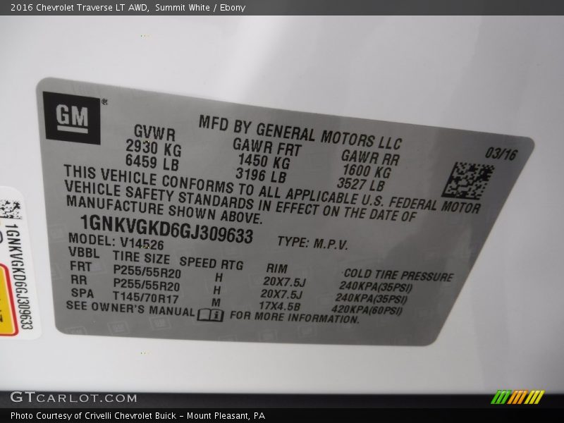 Summit White / Ebony 2016 Chevrolet Traverse LT AWD