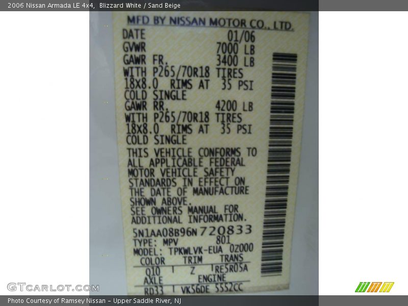 Blizzard White / Sand Beige 2006 Nissan Armada LE 4x4