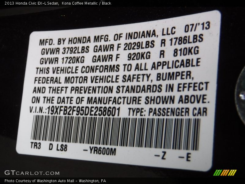 Kona Coffee Metallic / Black 2013 Honda Civic EX-L Sedan