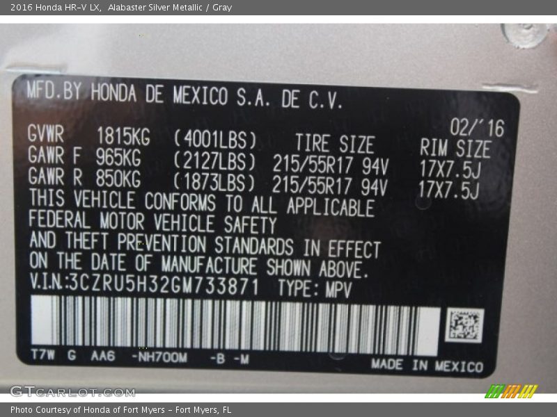 Alabaster Silver Metallic / Gray 2016 Honda HR-V LX