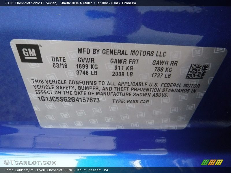 Kinetic Blue Metallic / Jet Black/Dark Titanium 2016 Chevrolet Sonic LT Sedan