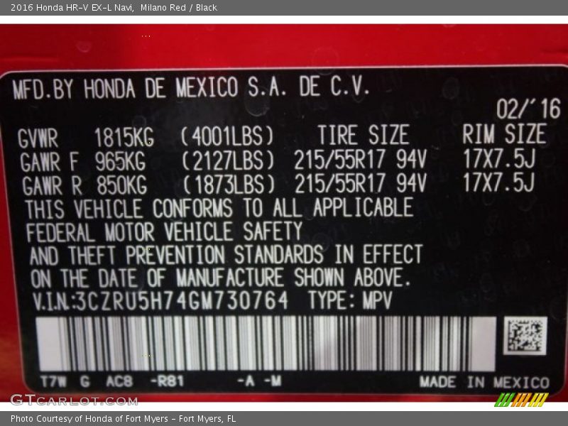 Milano Red / Black 2016 Honda HR-V EX-L Navi